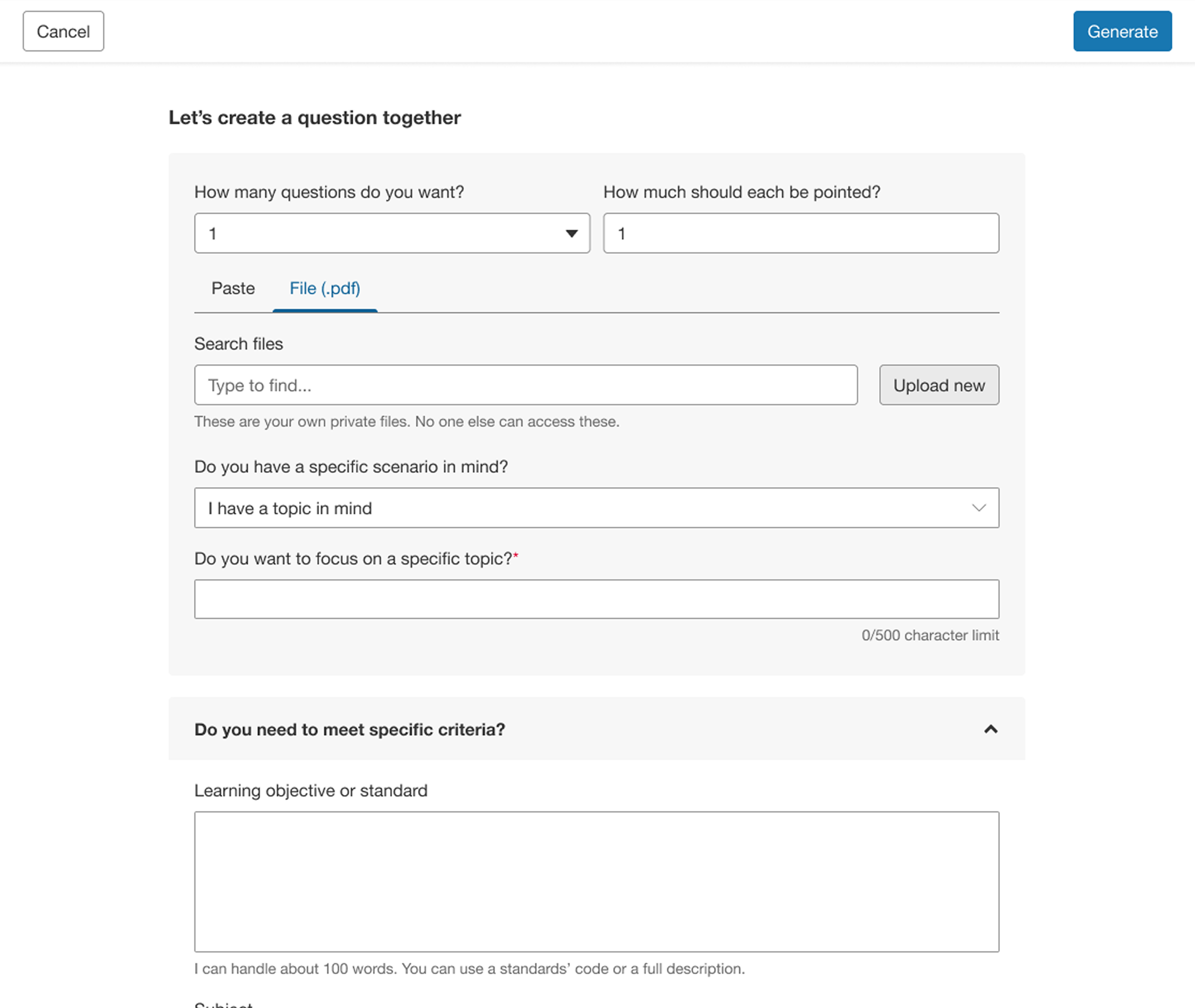Author Aide 'Let's create a question together' form with question count, points, Paste/File tabs, file search, scenario, and topic fields.