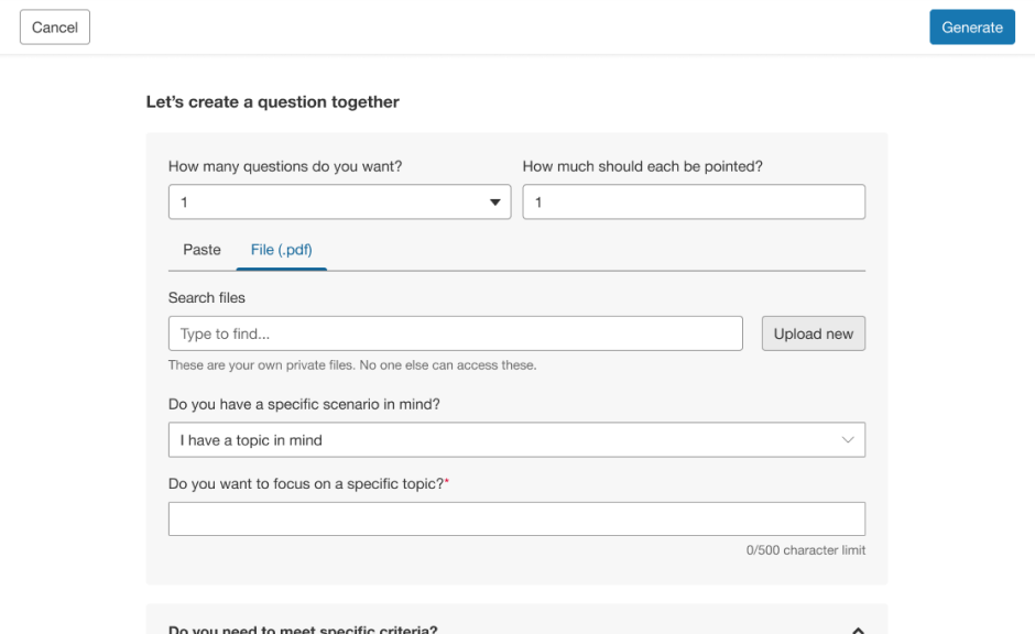 Author Aide question-builder interface with question count, points, file upload, and topic fields.